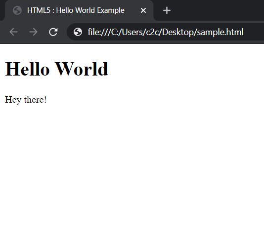 HTML5 Hello World Example Code Browser Output